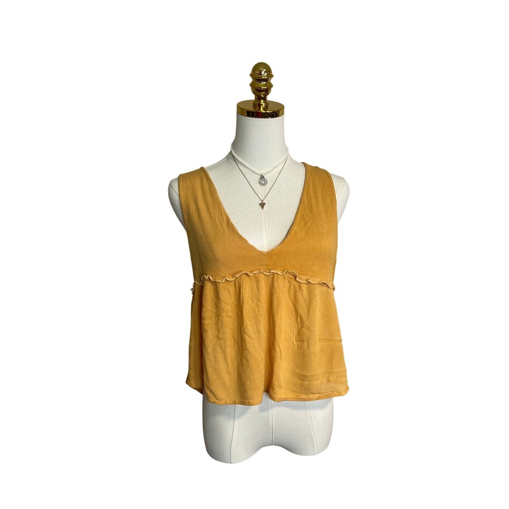 Vestique Mustard Yellow Ruffle Empire Waist V-Neck Keyhole Back Tank Top Small